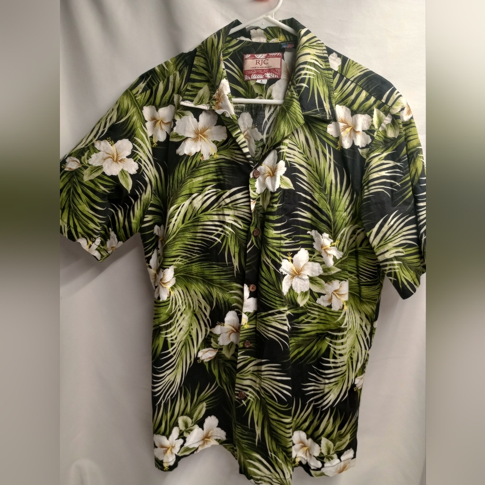 RJC Hawaiian Shirt Mens Large KALAHEO Short Sleeve Green‎ Floral USA Colorful